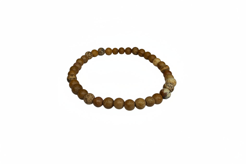Wooden beaded bracelet on a white surface