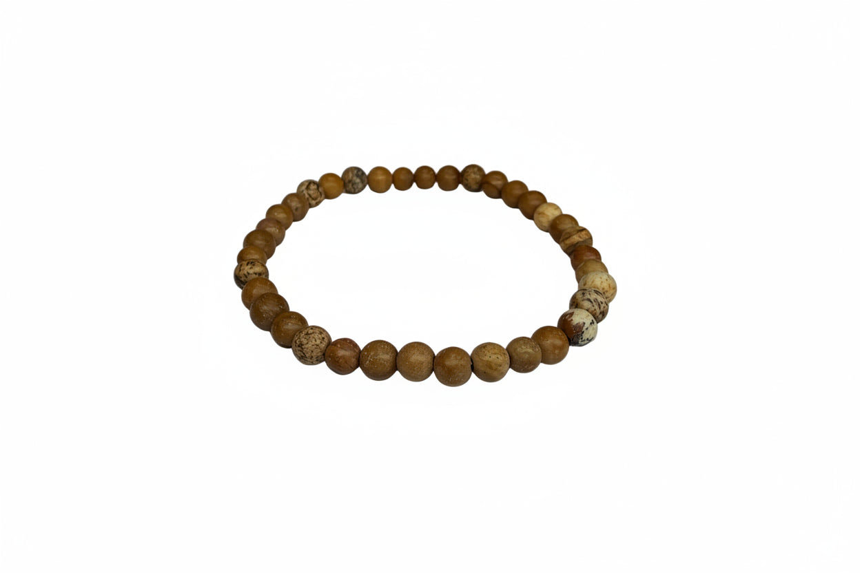 Wooden beaded bracelet on a white surface