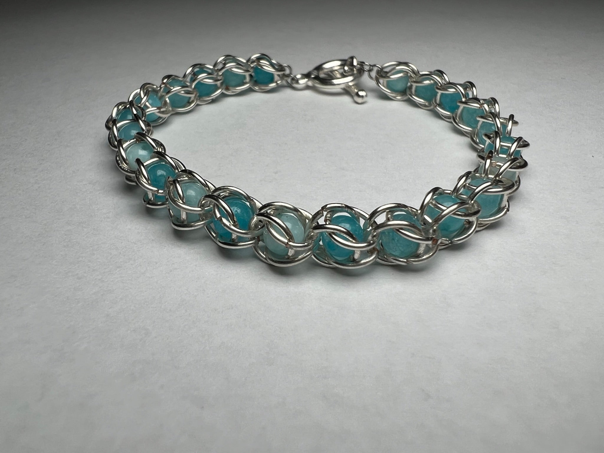 Blue Amazonite Captured Bead Bracelet – 4mm Beads & 6mm Jump Rings