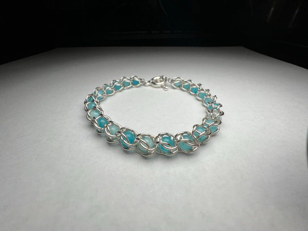 Blue Amazonite Captured Bead Bracelet – 4mm Beads & 6mm Jump Rings
