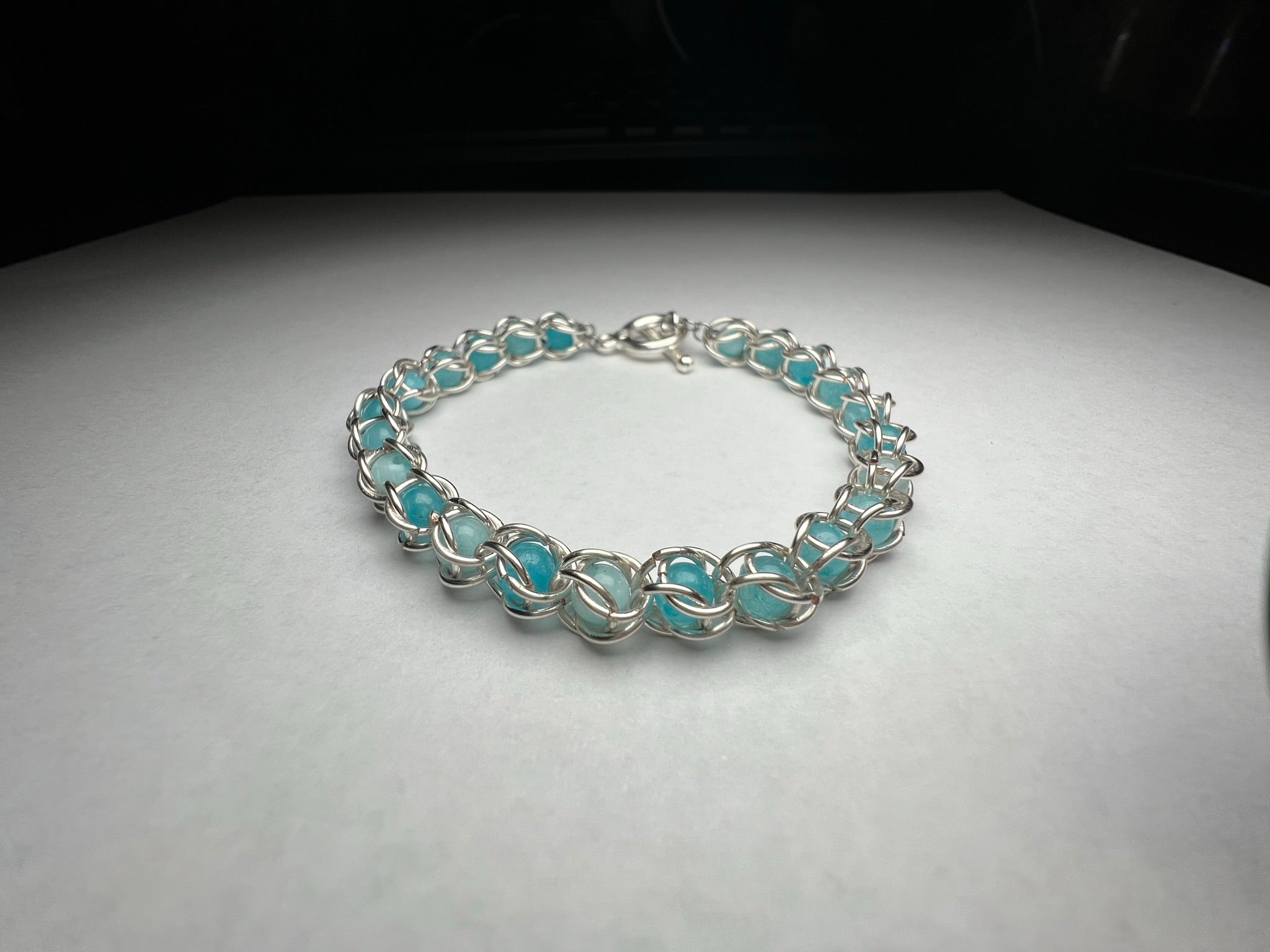 Blue Amazonite Captured Bead Bracelet – 4mm Beads & 6mm Jump Rings