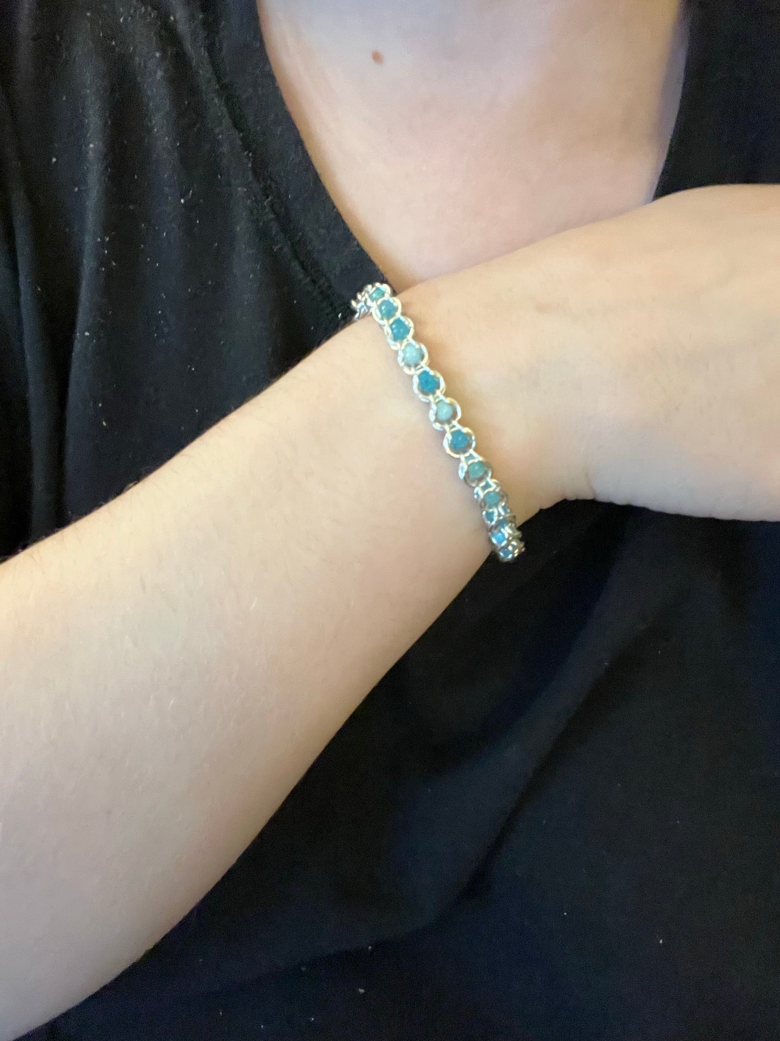 Blue Amazonite Captured Bead Bracelet – 4mm Beads & 6mm Jump Rings