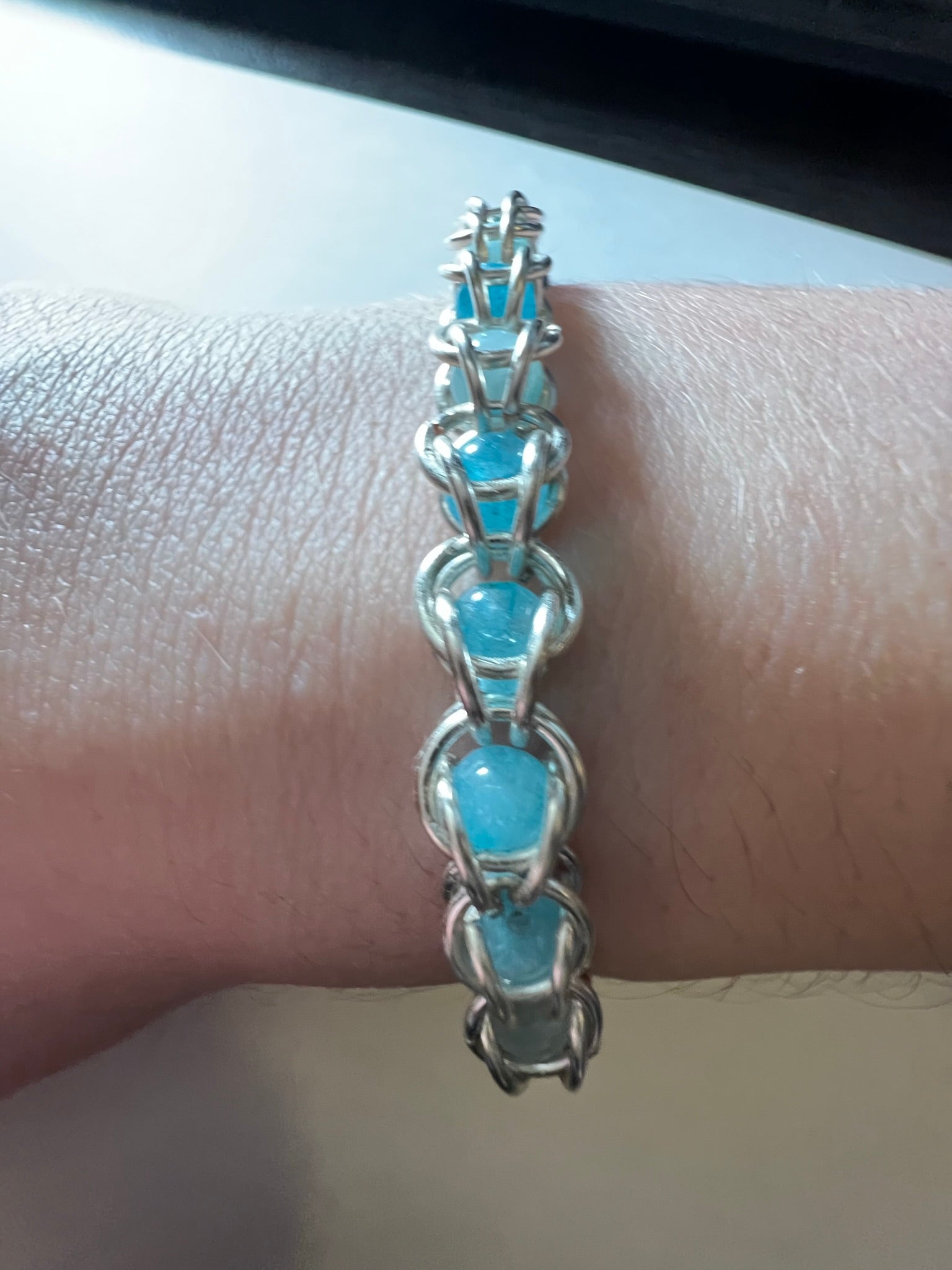 Blue Amazonite Captured Bead Bracelet – 4mm Beads & 6mm Jump Rings