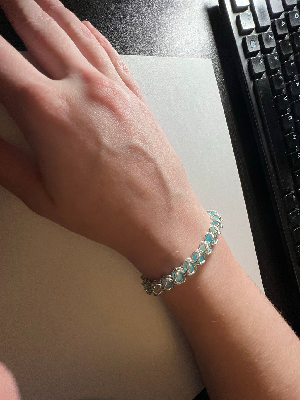 Blue Amazonite Captured Bead Bracelet – 4mm Beads & 6mm Jump Rings