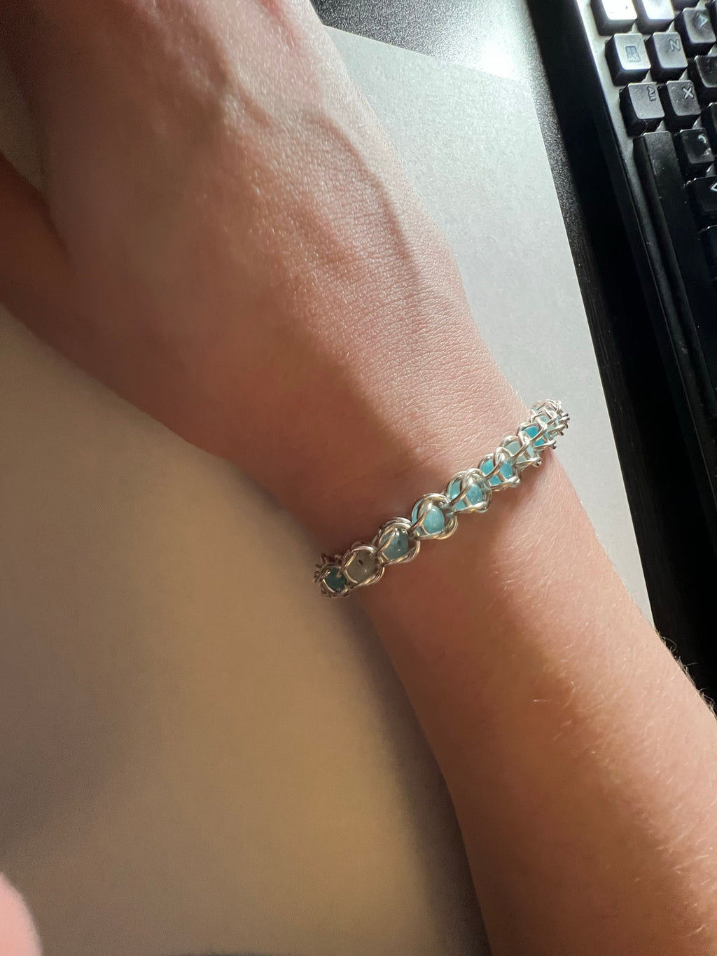 Blue Amazonite Captured Bead Bracelet – 4mm Beads & 6mm Jump Rings