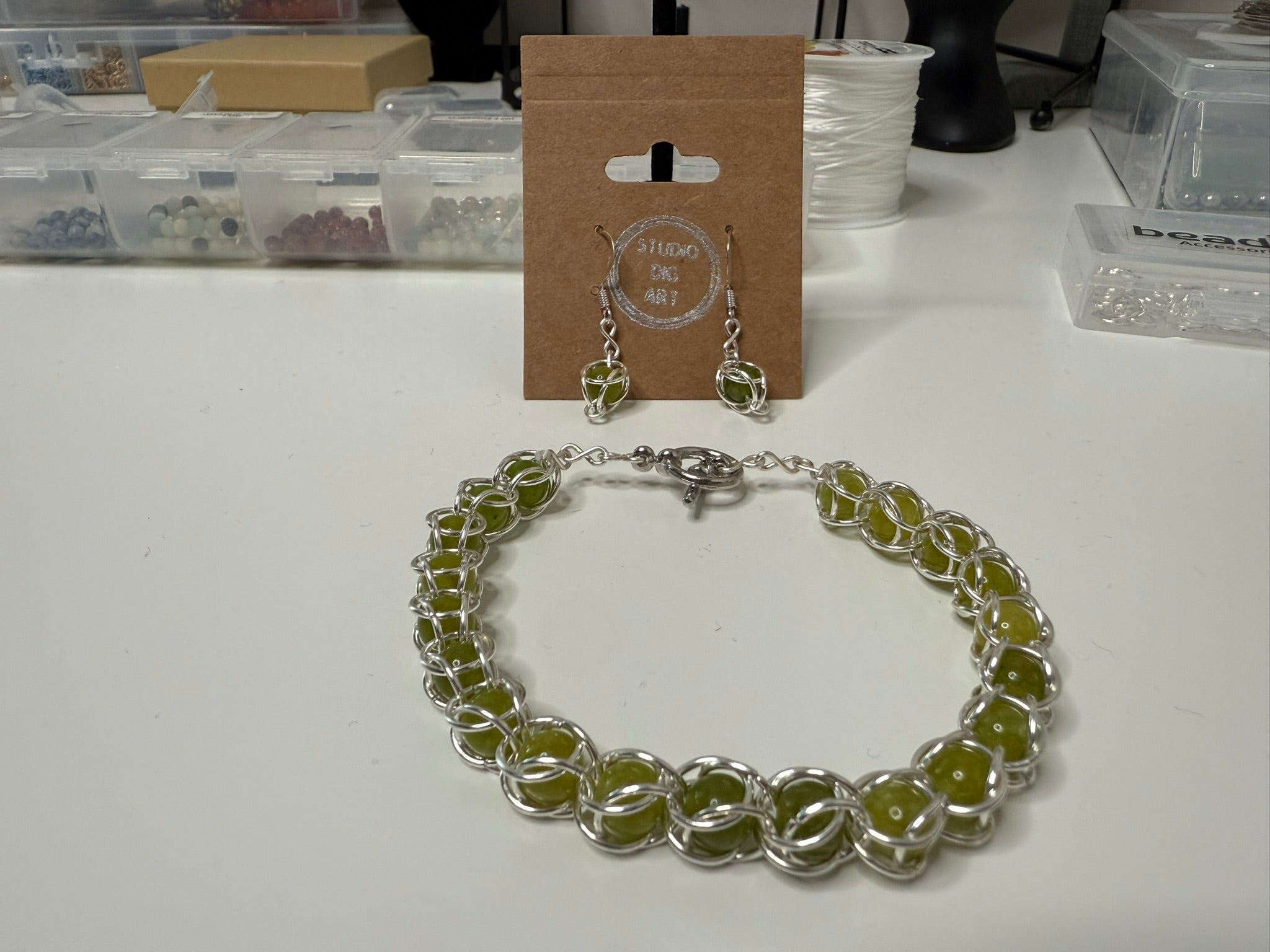 Peridot 6mm Captured Bead Bracelet and Earrings