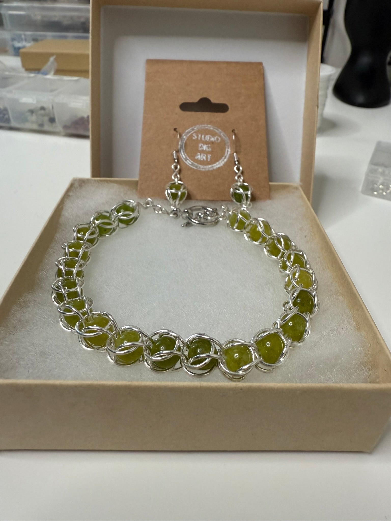 Peridot 6mm Captured Bead Bracelet and Earrings