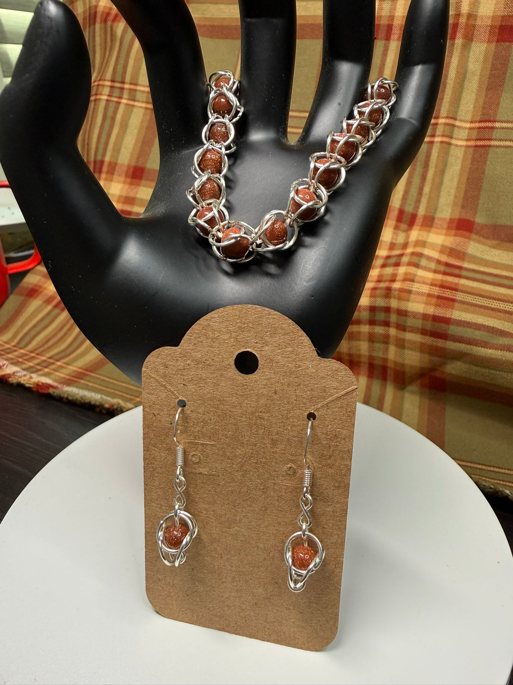 Sunstone Captured Bead Bracelet and Earrings Jewelry Set