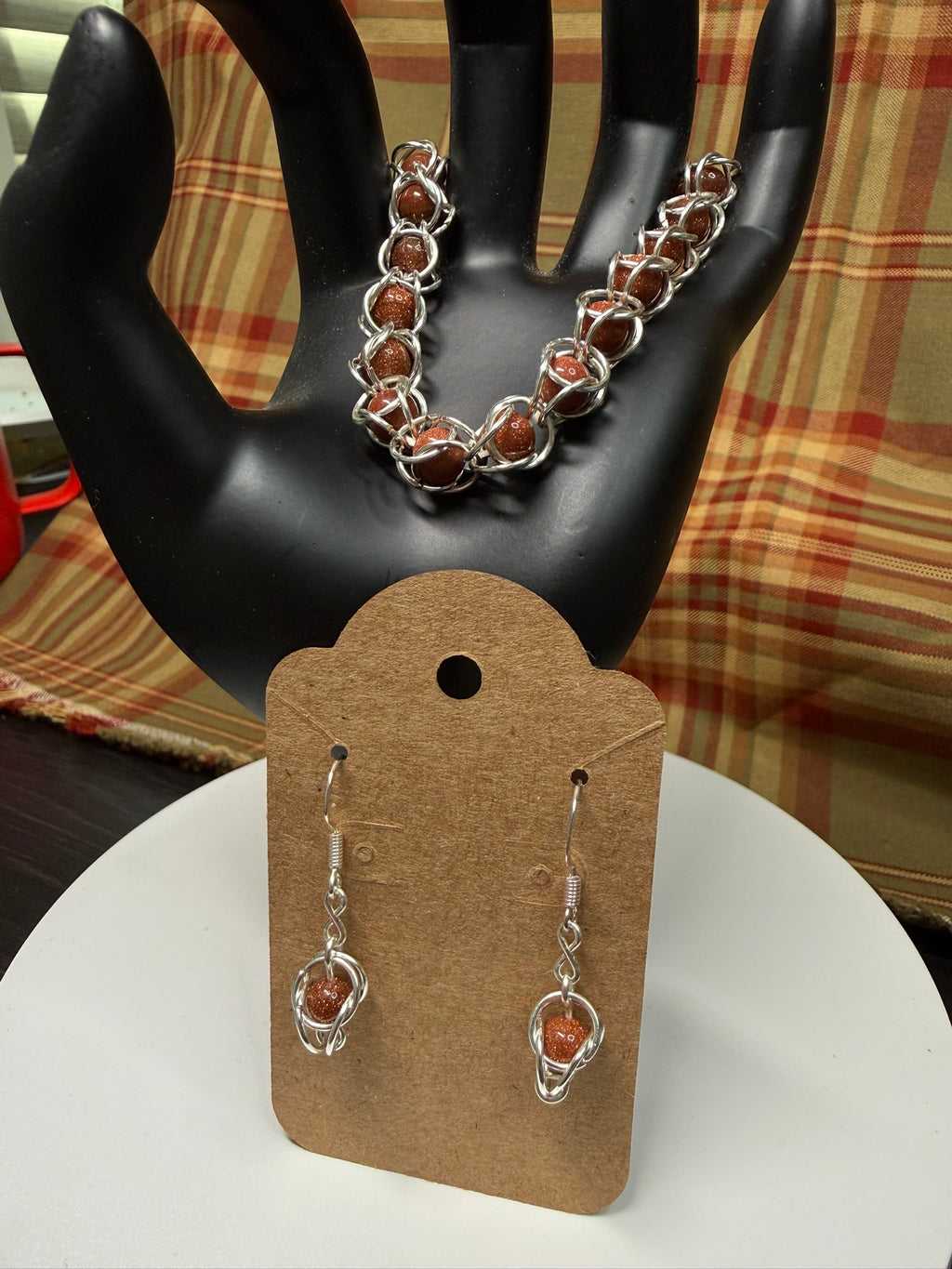 Sunstone Captured Bead Bracelet and Earrings Jewelry Set