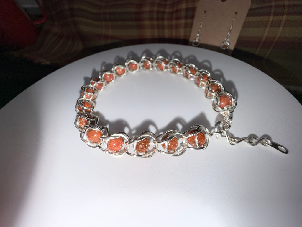 Sunstone Captured Bead Bracelet and Earrings Jewelry Set