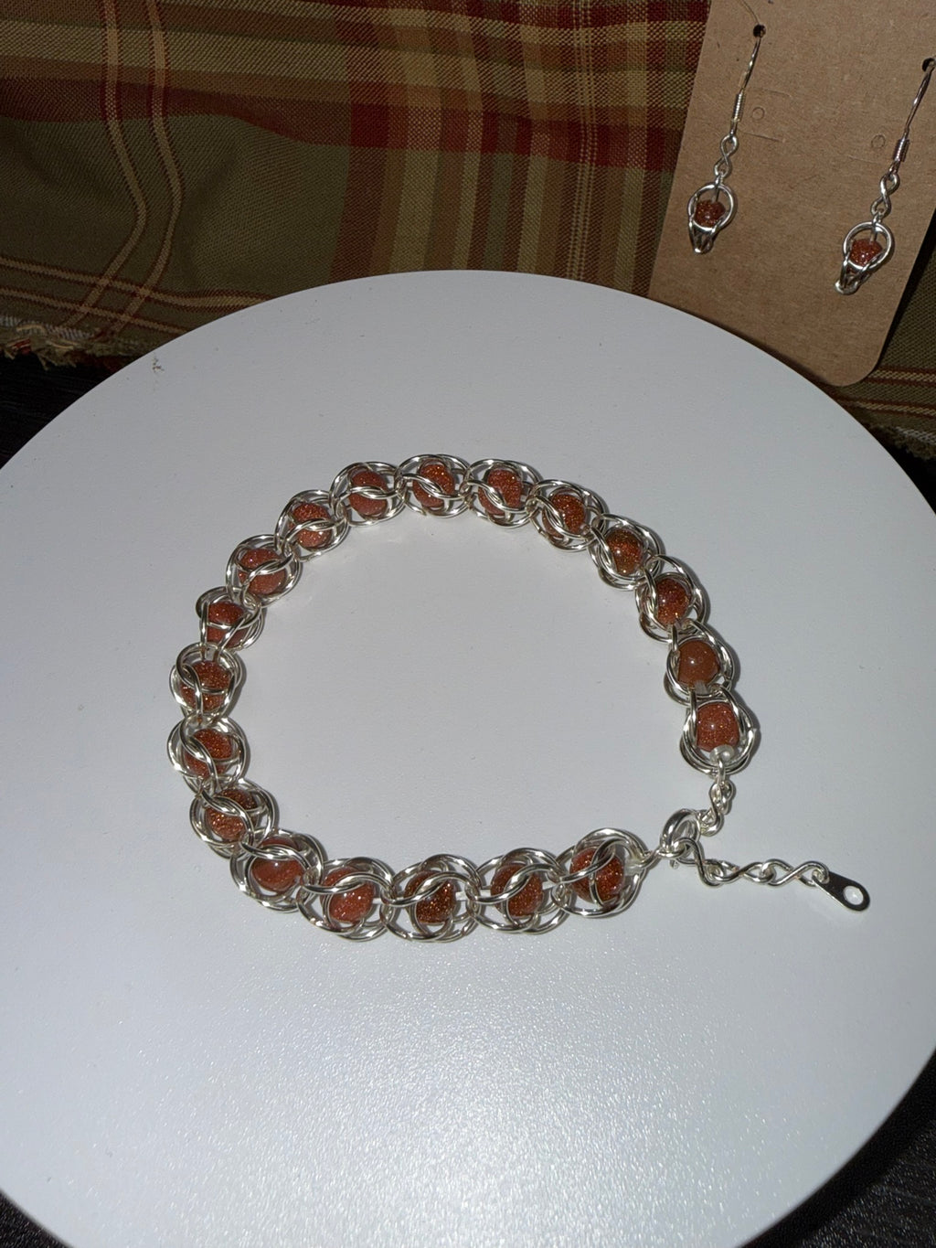 Sunstone Captured Bead Bracelet and Earrings Jewelry Set