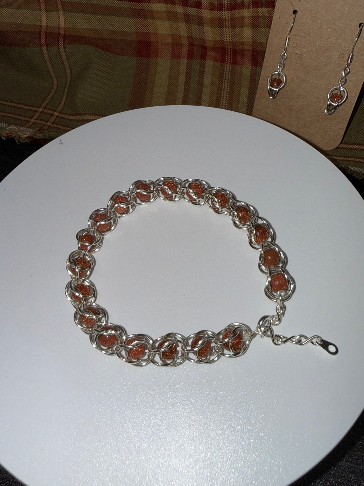 Sunstone Captured Bead Bracelet and Earrings Jewelry Set