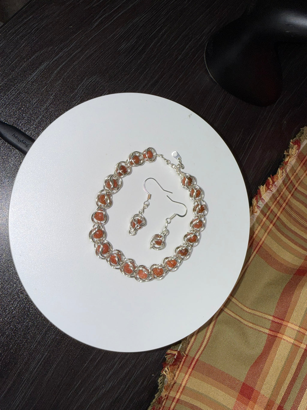 Sunstone Captured Bead Bracelet and Earrings Jewelry Set