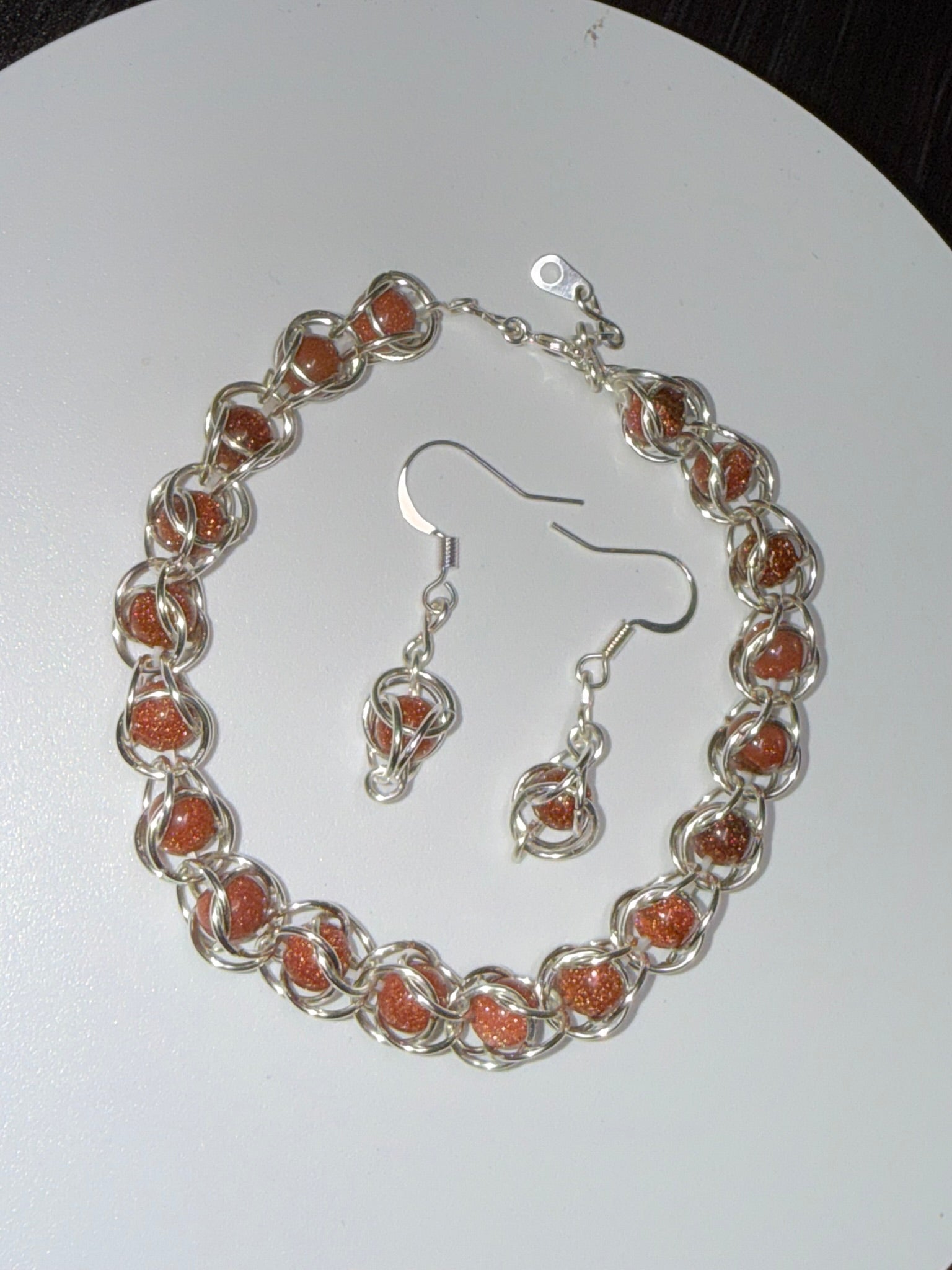 Sunstone Captured Bead Bracelet and Earrings Jewelry Set