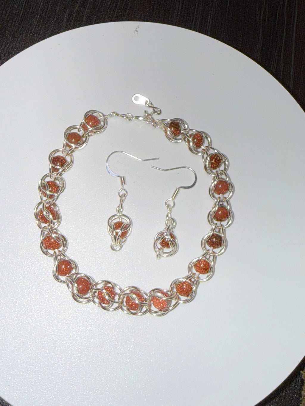 Sunstone Captured Bead Bracelet and Earrings Jewelry Set
