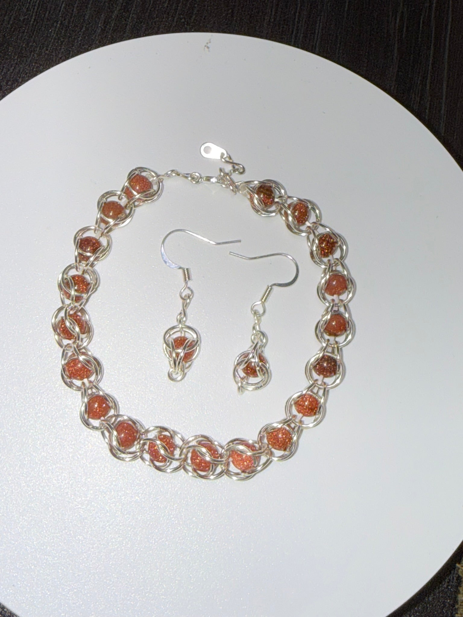 Sunstone Captured Bead Bracelet and Earrings Jewelry Set