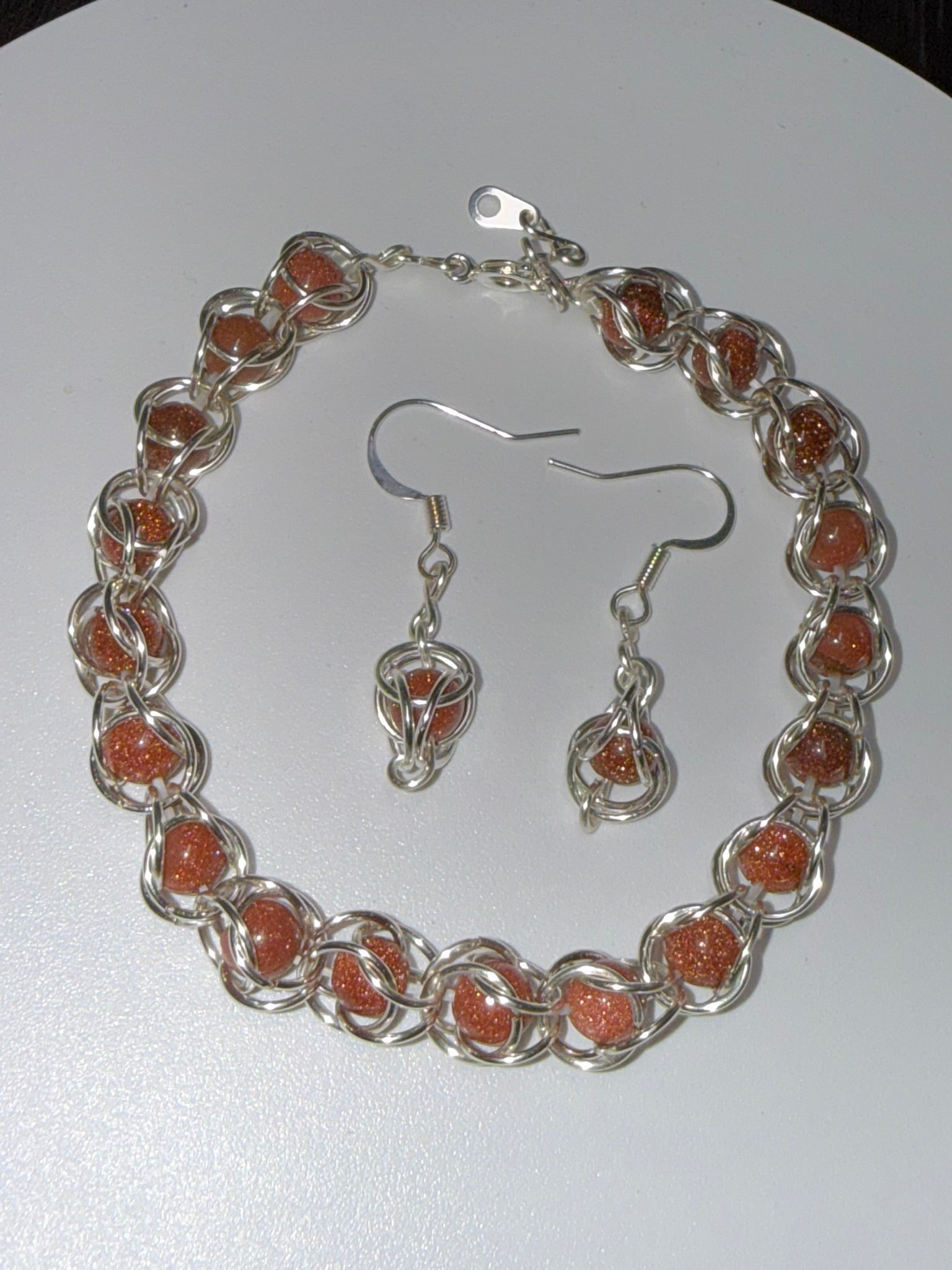 Sunstone Captured Bead Bracelet and Earrings Jewelry Set