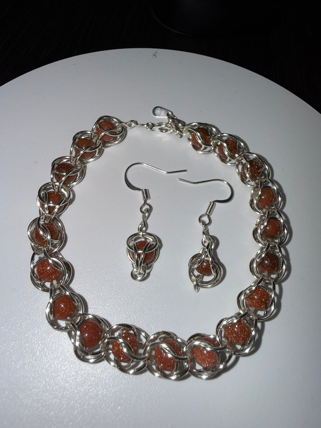 Sunstone Captured Bead Bracelet and Earrings Jewelry Set