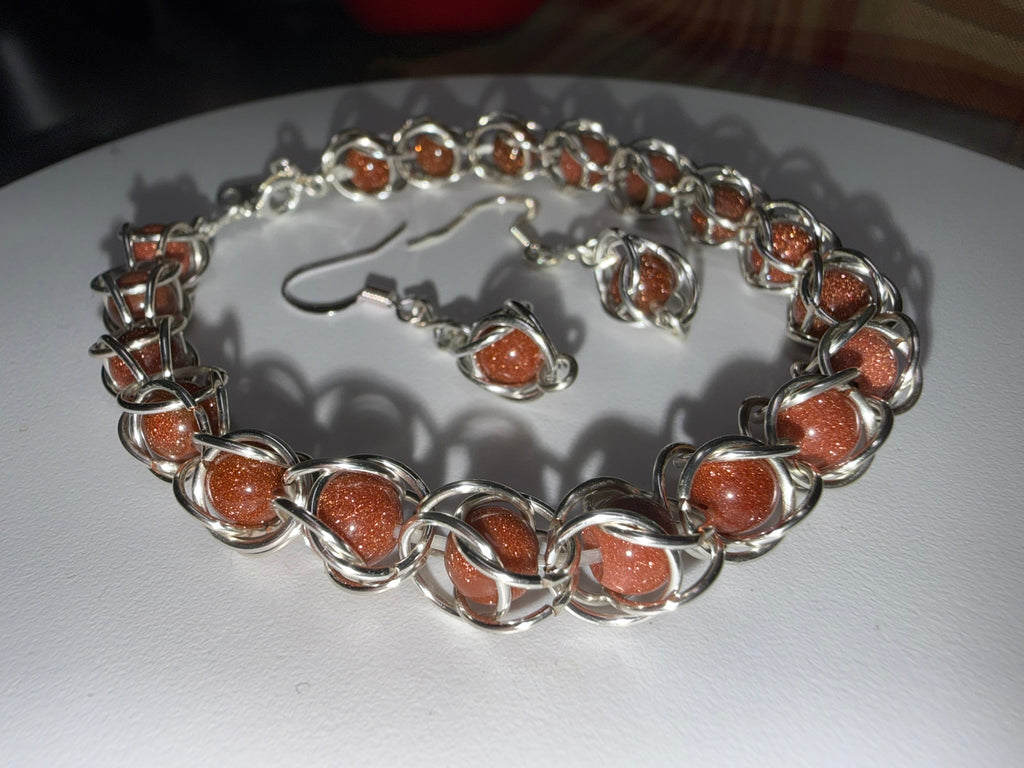 Sunstone Captured Bead Bracelet and Earrings Jewelry Set