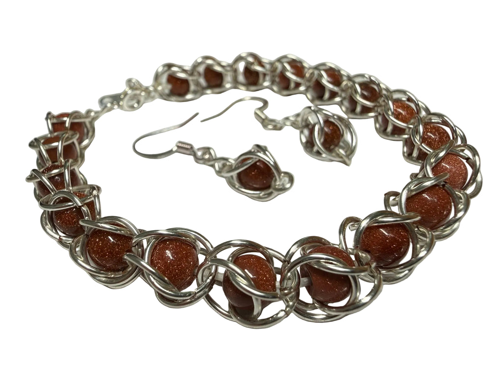 Sunstone Captured Bead Bracelet and Earrings Jewelry Set