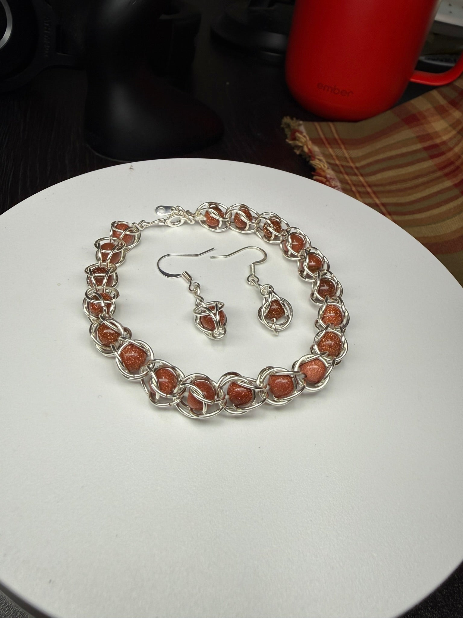 Sunstone Captured Bead Bracelet and Earrings Jewelry Set