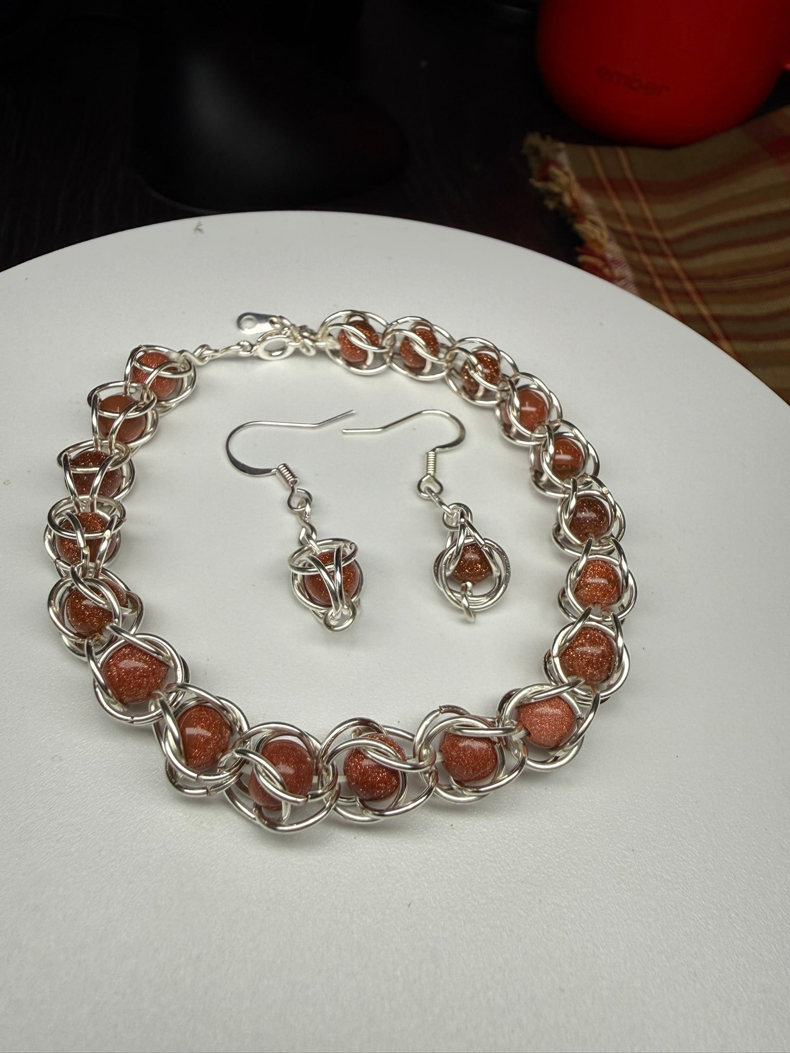 Sunstone Captured Bead Bracelet and Earrings Jewelry Set