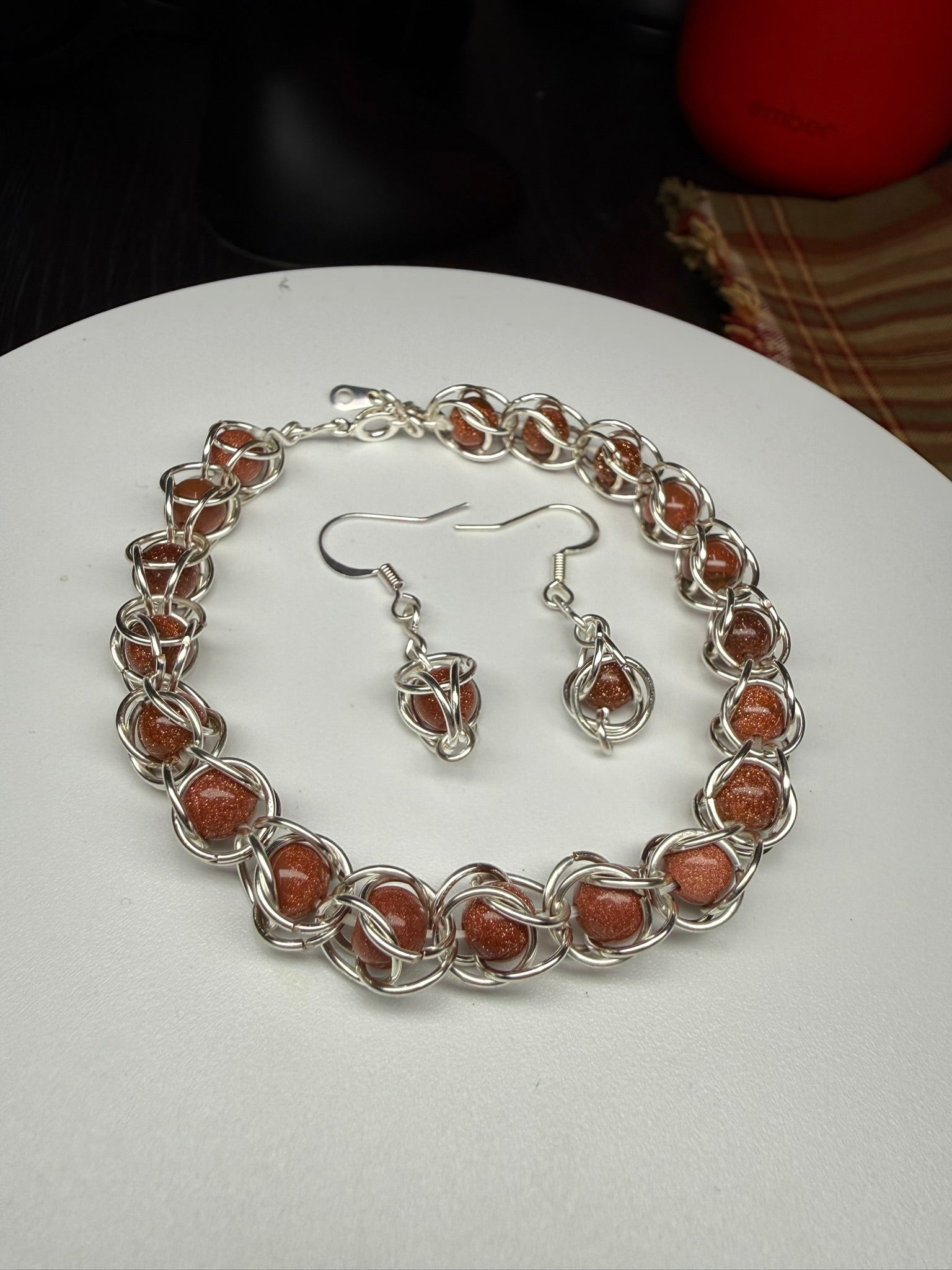 Sunstone Captured Bead Bracelet and Earrings Jewelry Set