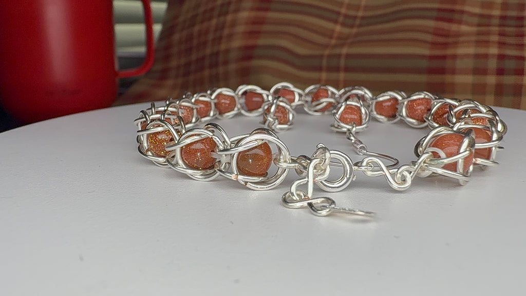 Sunstone Captured Bead Bracelet and Earrings Jewelry Set