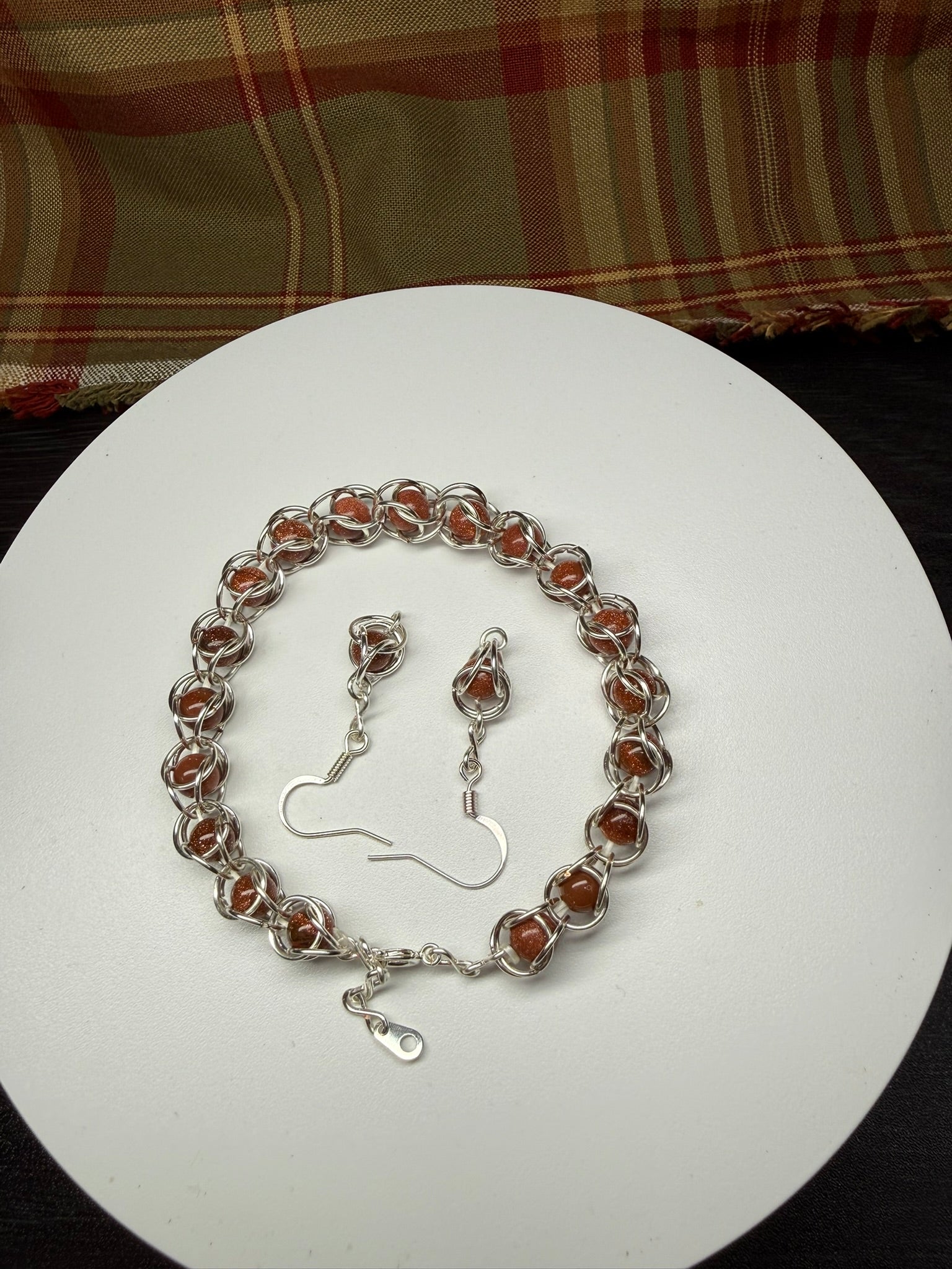 Sunstone Captured Bead Bracelet and Earrings Jewelry Set