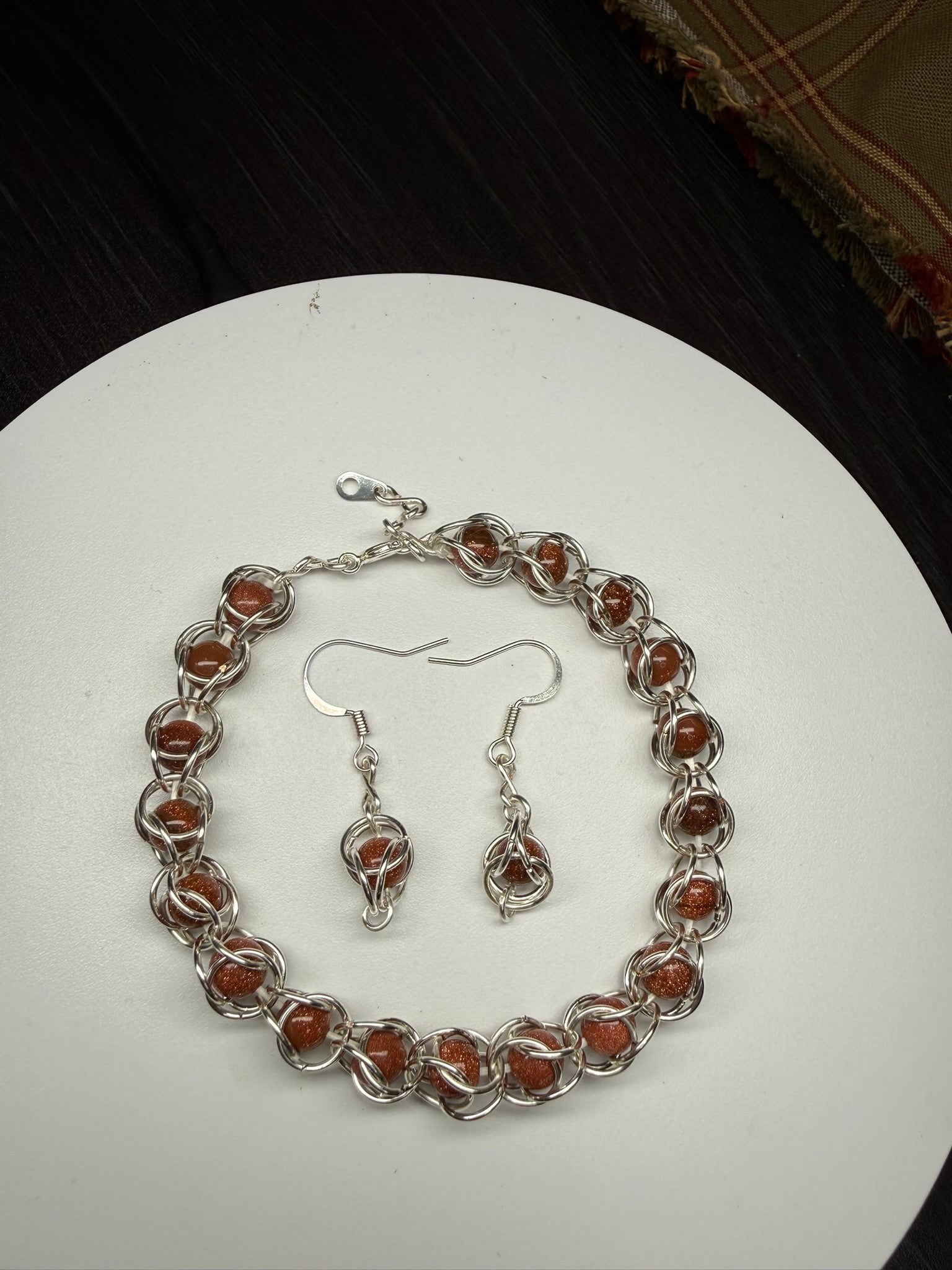 Sunstone Captured Bead Bracelet and Earrings Jewelry Set