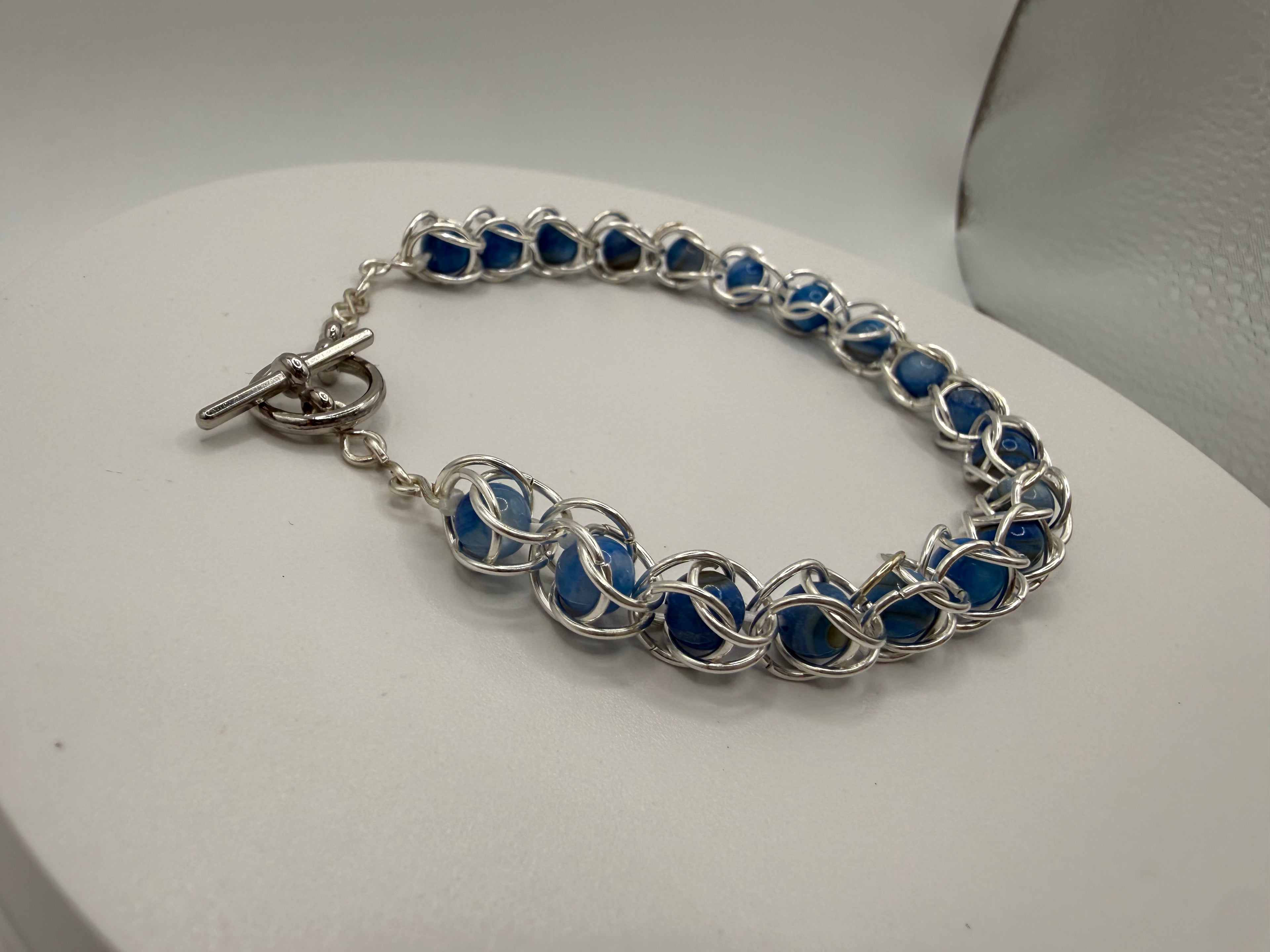 Captured Bead Bracelet with Blue Shell Iridescent Beads