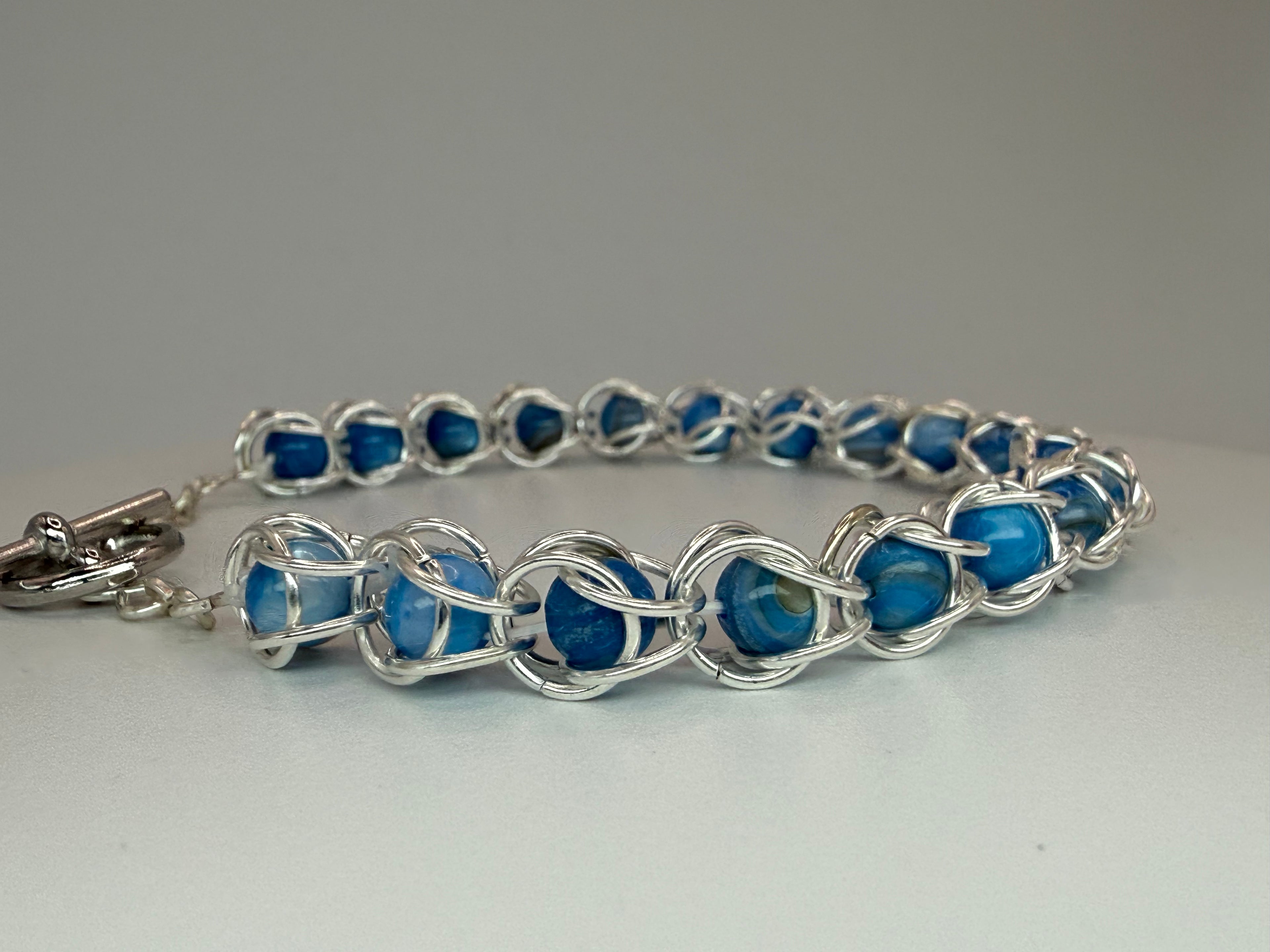 Captured Bead Bracelet with Blue Shell Iridescent Beads