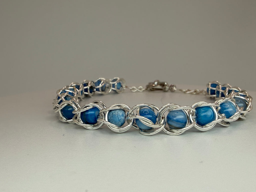 Captured Bead Bracelet with Blue Shell Iridescent Beads