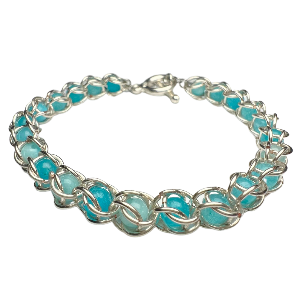 Blue Amazonite Captured Bead Bracelet – 4mm Beads & 6mm Jump Rings