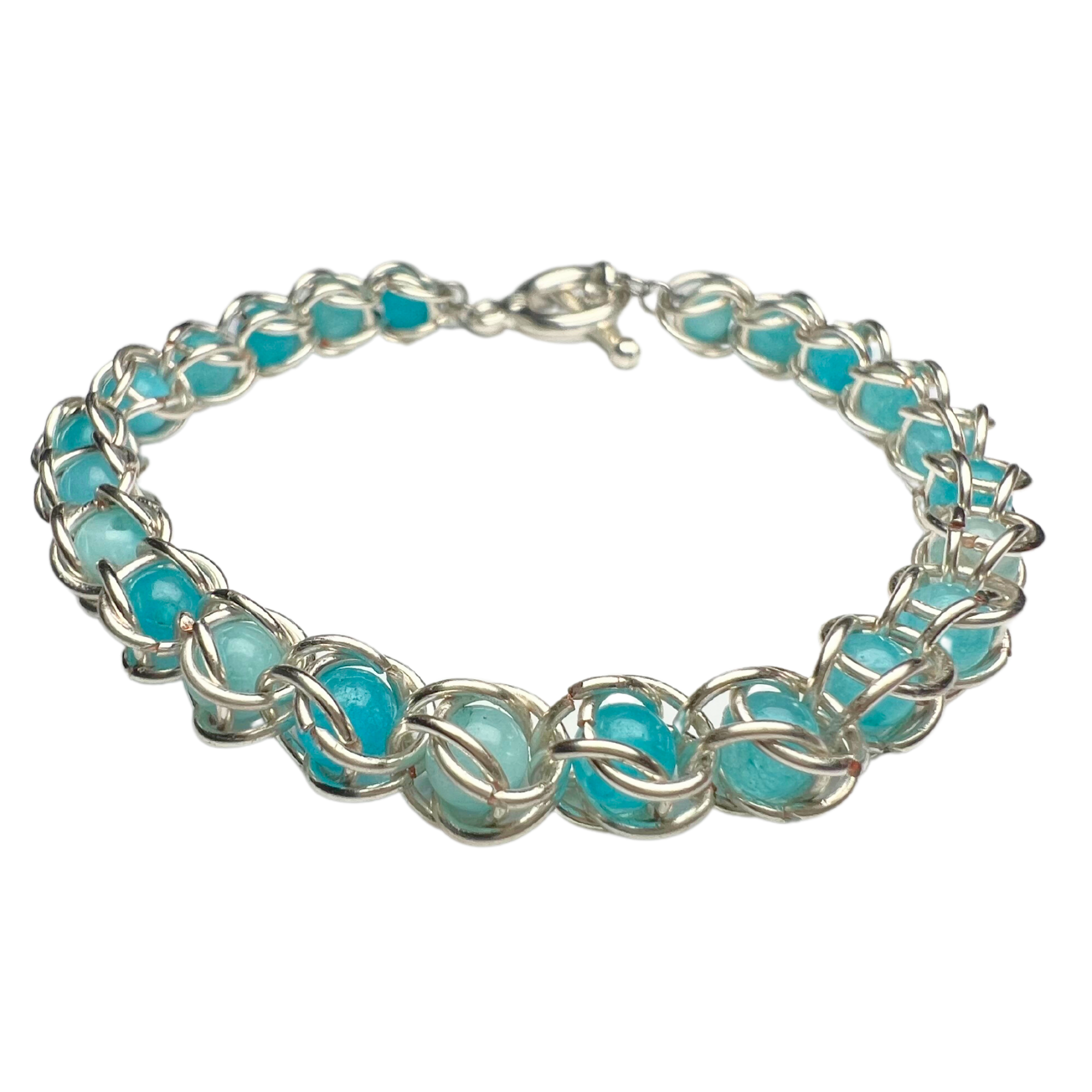 Blue Amazonite Captured Bead Bracelet – 4mm Beads & 6mm Jump Rings