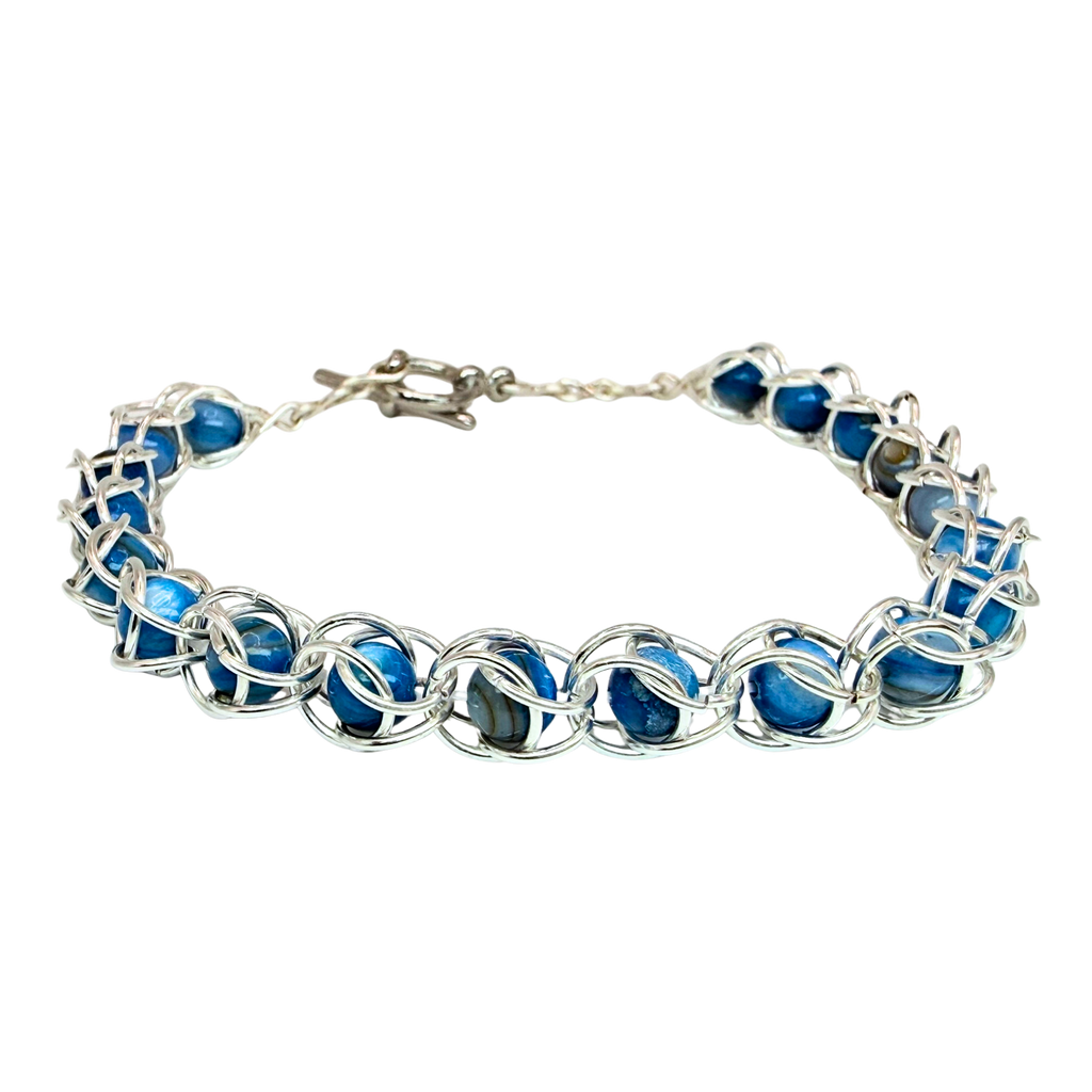 Captured Bead Bracelet with Blue Shell Iridescent Beads