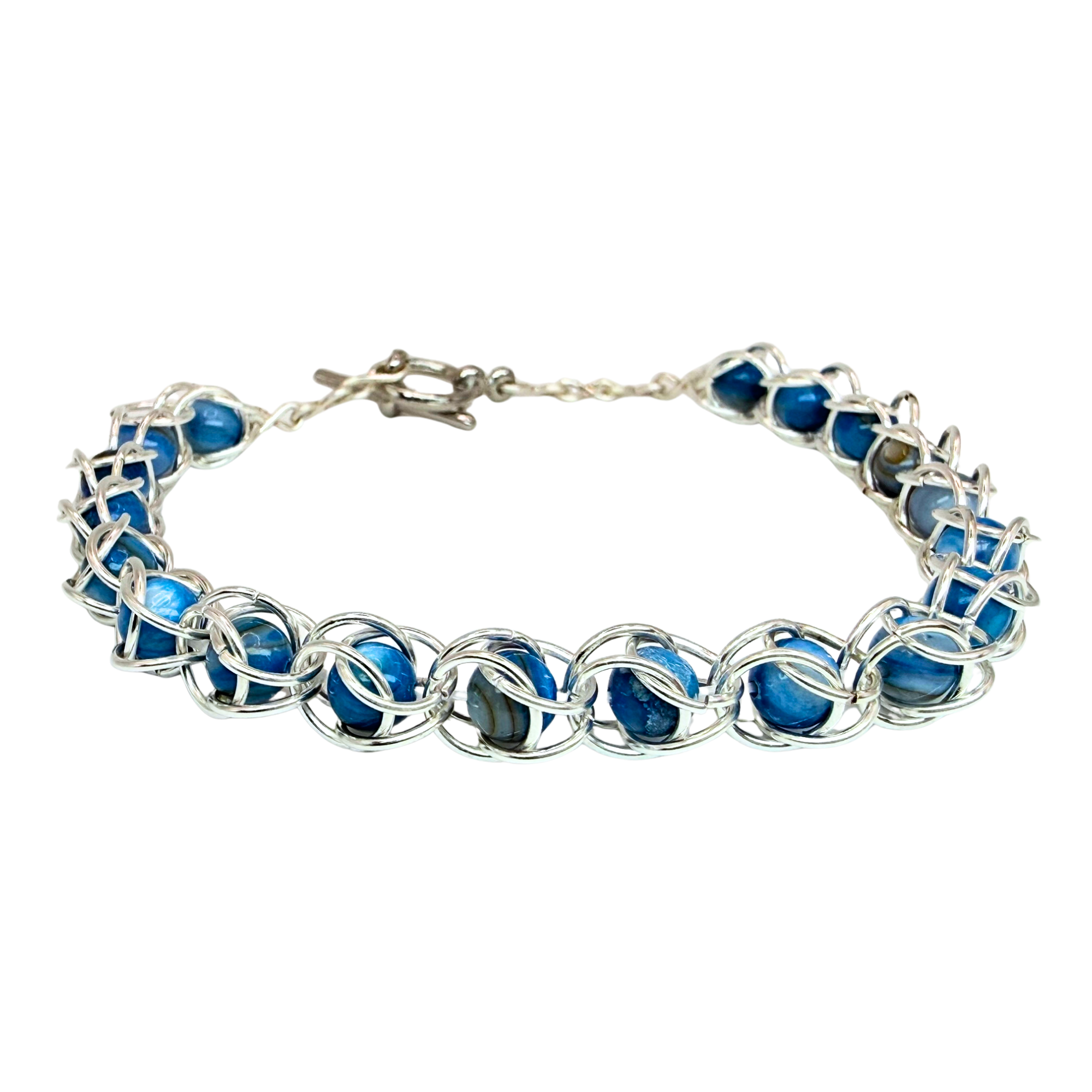 Captured Bead Bracelet with Blue Shell Iridescent Beads