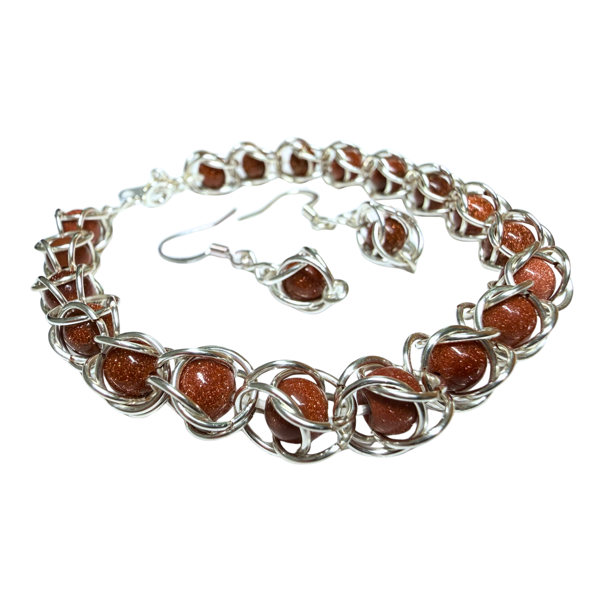 Sunstone Captured Bead Bracelet and Earrings Jewelry Set