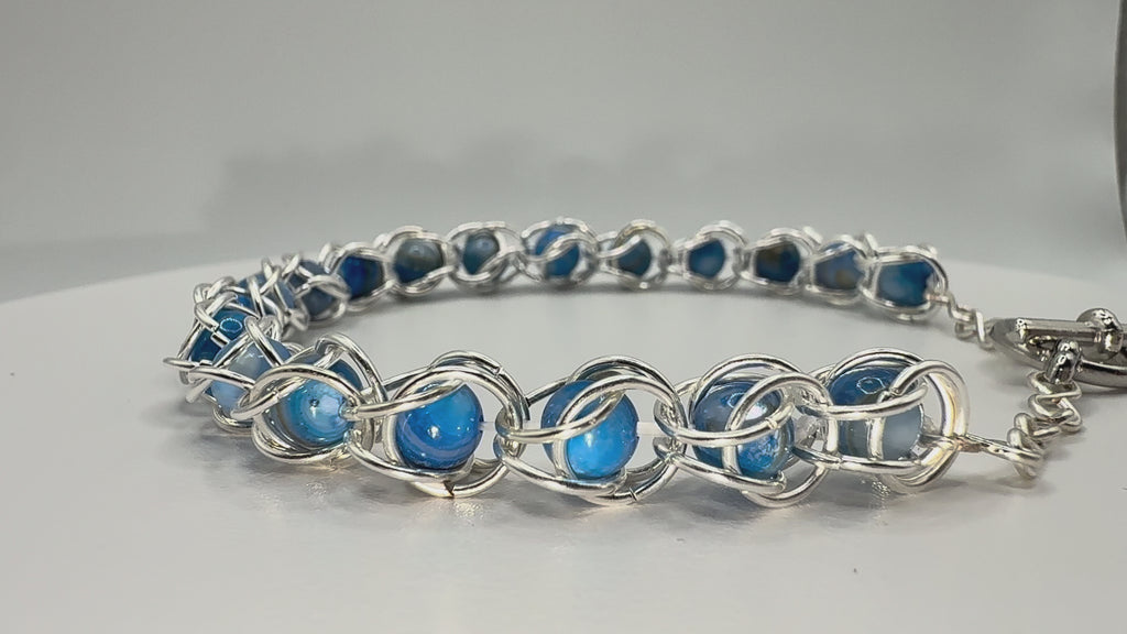 Captured Bead Bracelet with Blue Shell Iridescent Beads