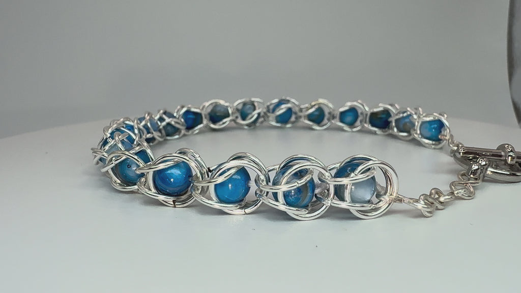 Captured Bead Bracelet with Blue Shell Iridescent Beads