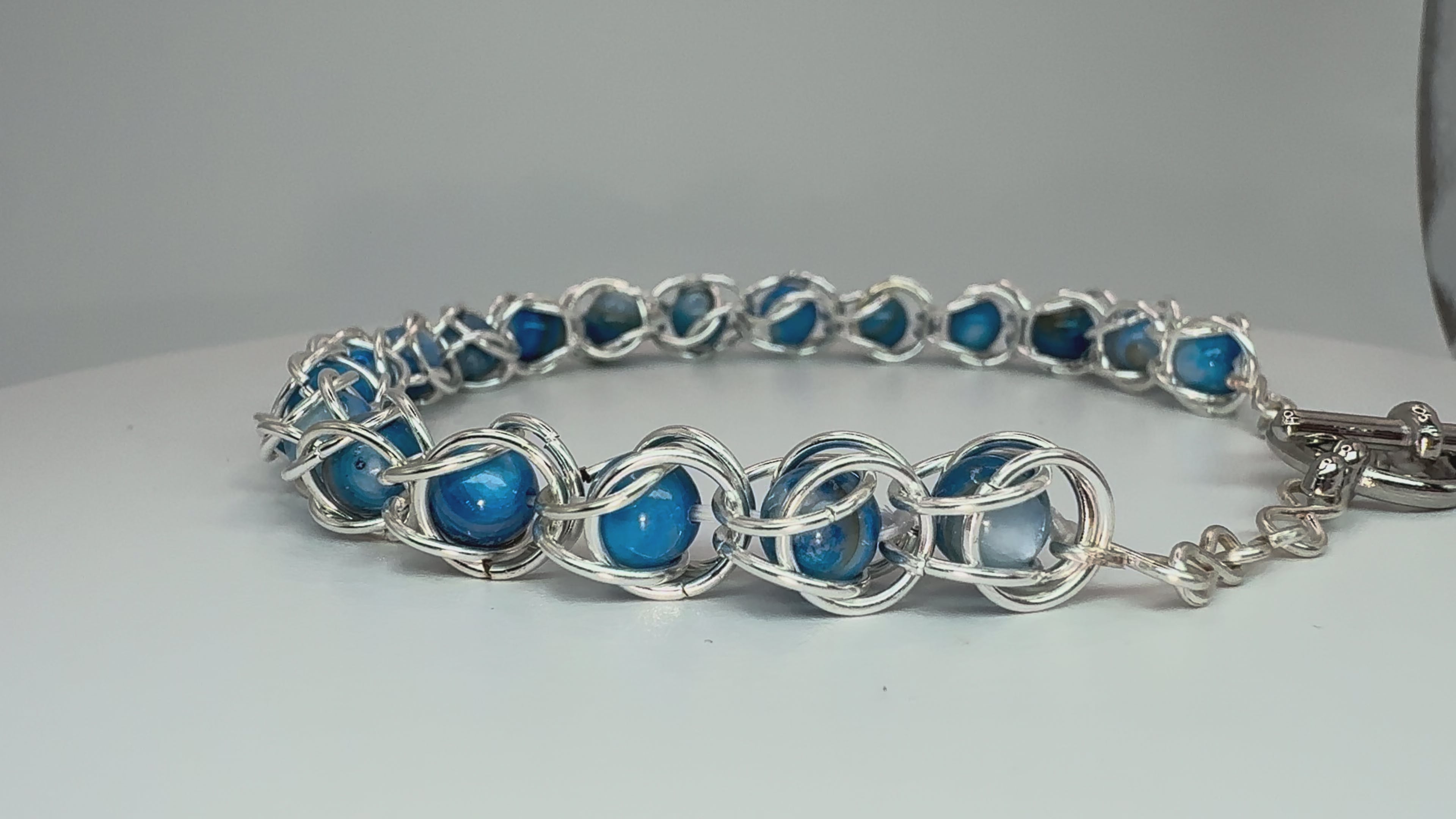 Captured Bead Bracelet with Blue Shell Iridescent Beads
